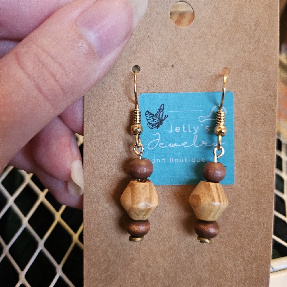 Jelly's Jewelry and Boutique Handcrafted Brown(Wooden)Beads and Gold Earring